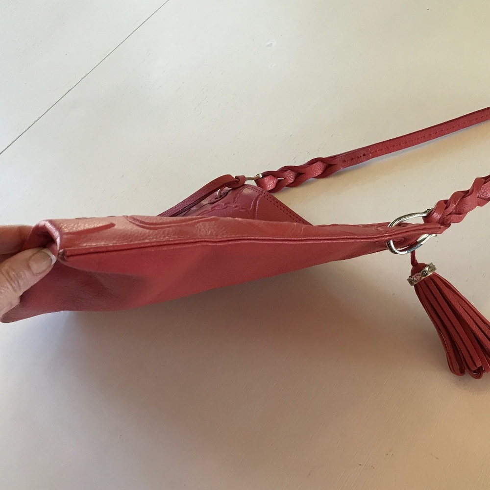 BRIGHTON RED LEATHER EMBOSSED BUTTERFLIES BOHO-CHIC STATEMENT BAG - Picture 12 of 16